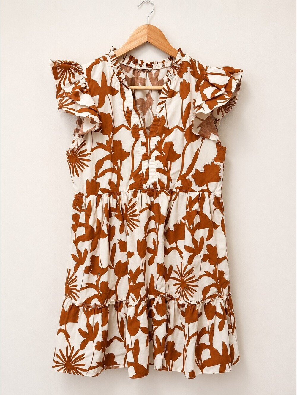 Women's Brown and White Floral Print Dress with Ruffle Sleeves